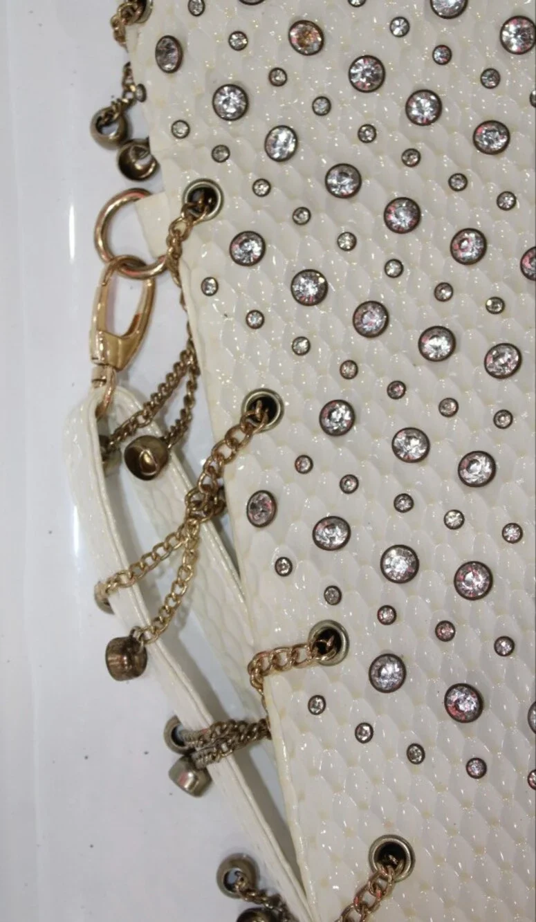 Ivory Rhinestone-Embellished Tote with Chain Handles